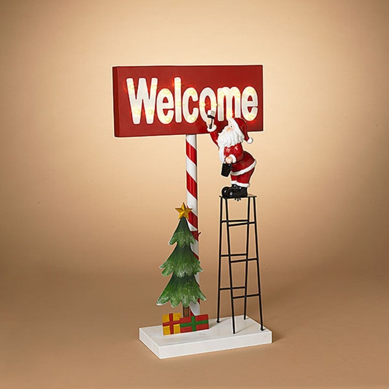 Gerson Company 32.4H B/O Lighted Welcome Sign w/ Santa Painting on Ladder