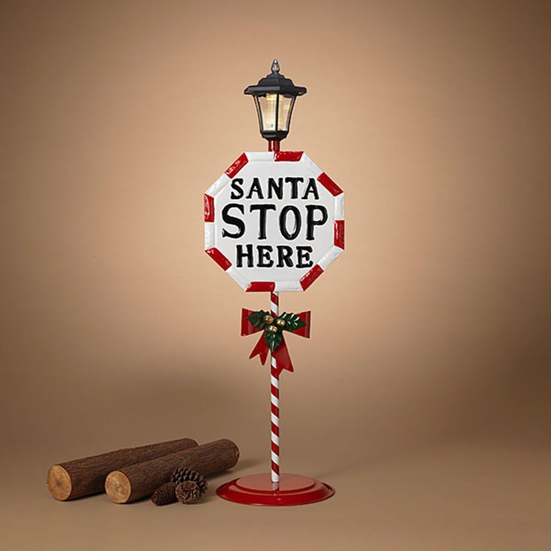 Gerson Company 42.3 Solar Lighted Metal Santa Stop Here Sign