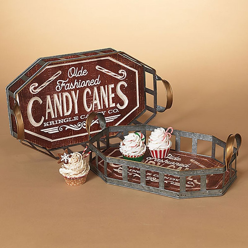 Gerson Company Set of 2 Nesting Wood & Metal Holiday Candy Canes Trays