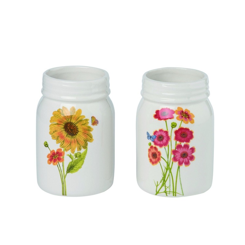 Transpac Dolomite Floral Jar, Set Of 2, Assortment