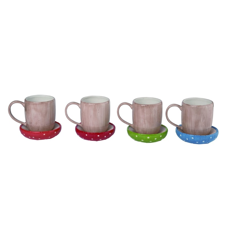Transpac Dolomite Mushroom Mug With Saucer, Set Of 4, Assortment