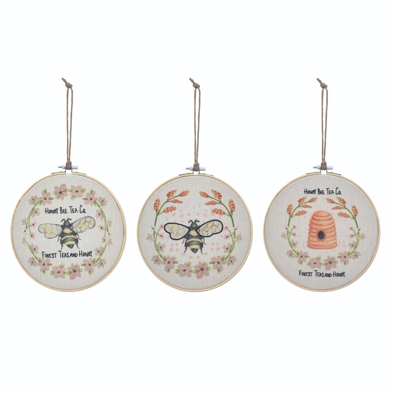 Transpac Fabric Bee Tea Co. Hoop Decor, Set Of 3, Assortment