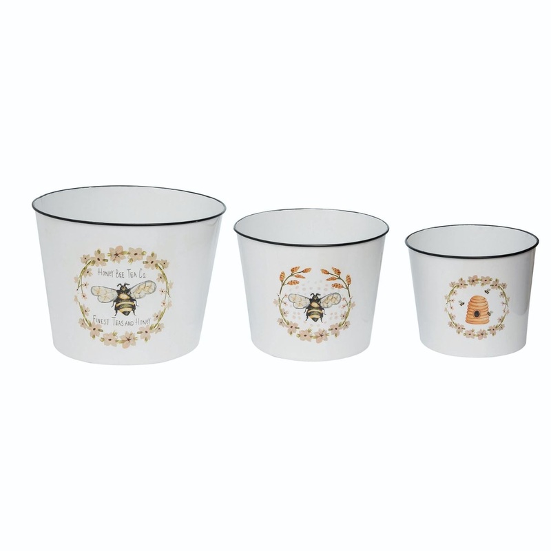 Transpac Metal Enamel Honey Bee Buckets, Set Of 3