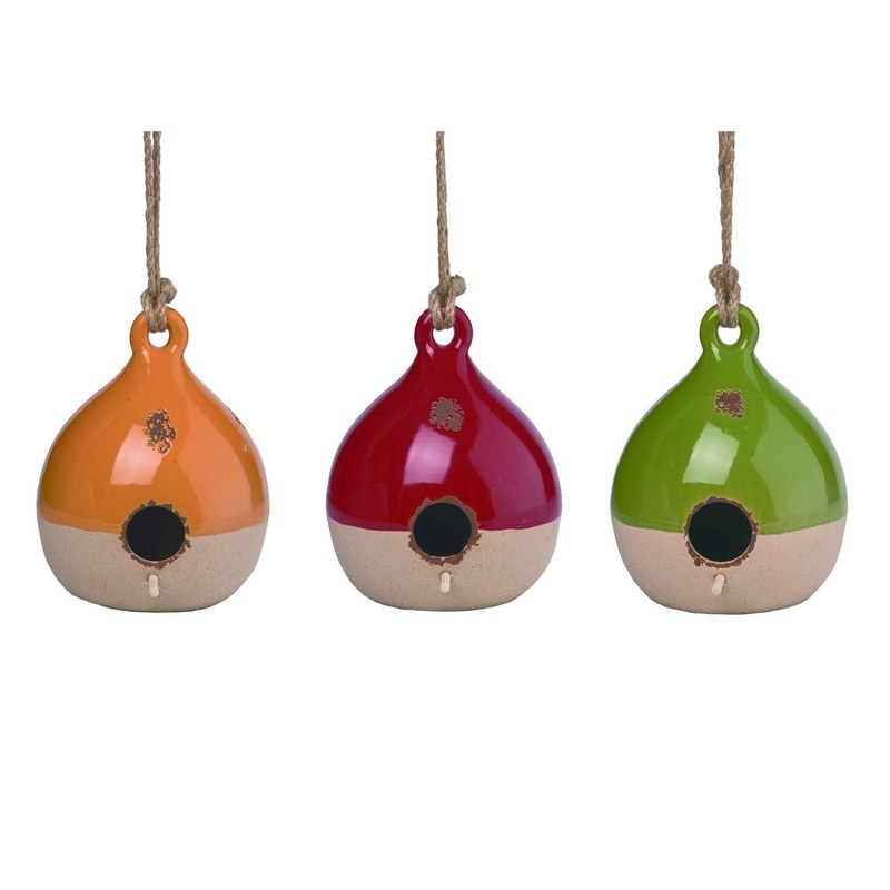 Transpac Stoneware Round Birdhouse, Set Of 3, Assortment