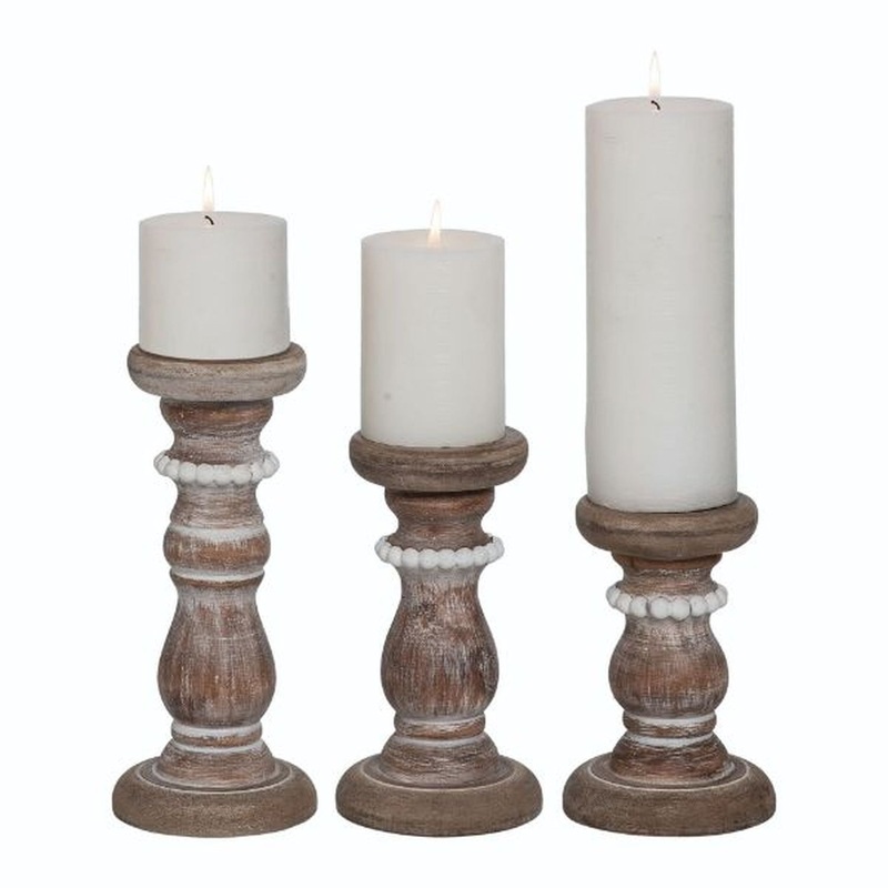 Transpac Wood Rustic Beaded Pillar Candle Holder, Set Of 3