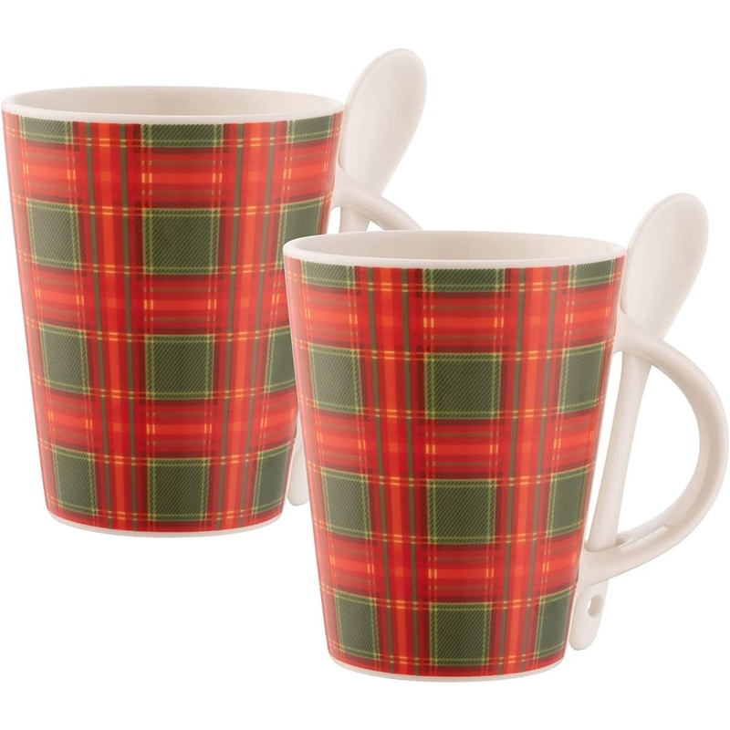 Aynsley Hot Chocolate Tartan Mugs & Spoons ,Set of 2