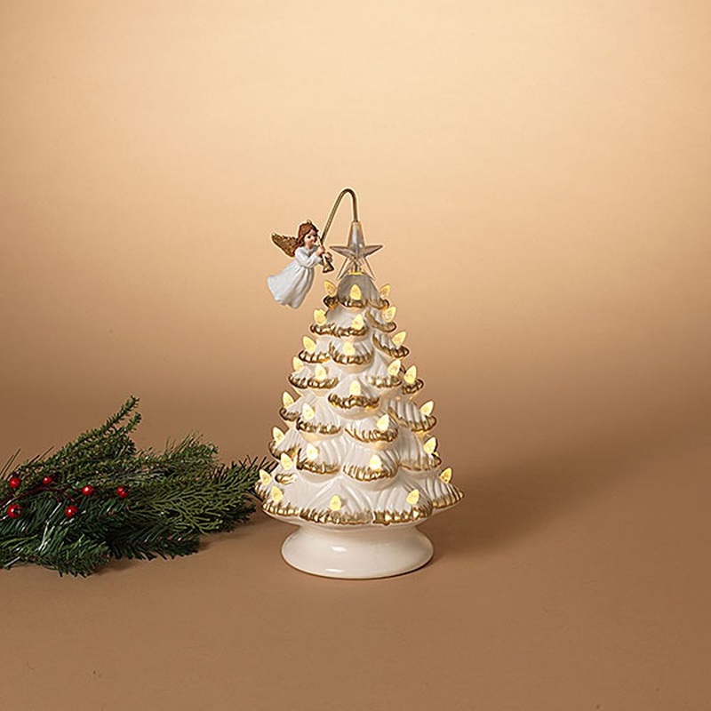 Gerson 12 Lighted Ceramic Holiday Christmas Tree with Rotating Angel & Adapter