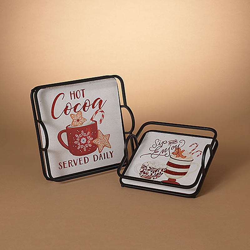 Gerson Company Set of 2 Metal & Wood Holiday Design Trays with Glitter Accent