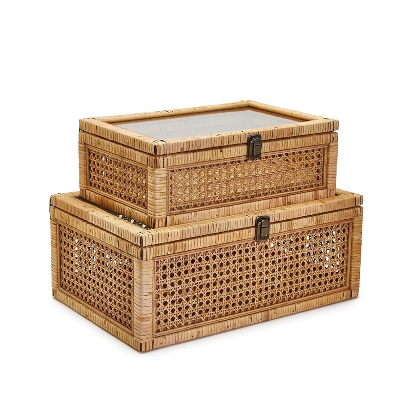Two’s Company Set of 2 Rattan Decorative Storage Boxes Includes 2 Sizes.