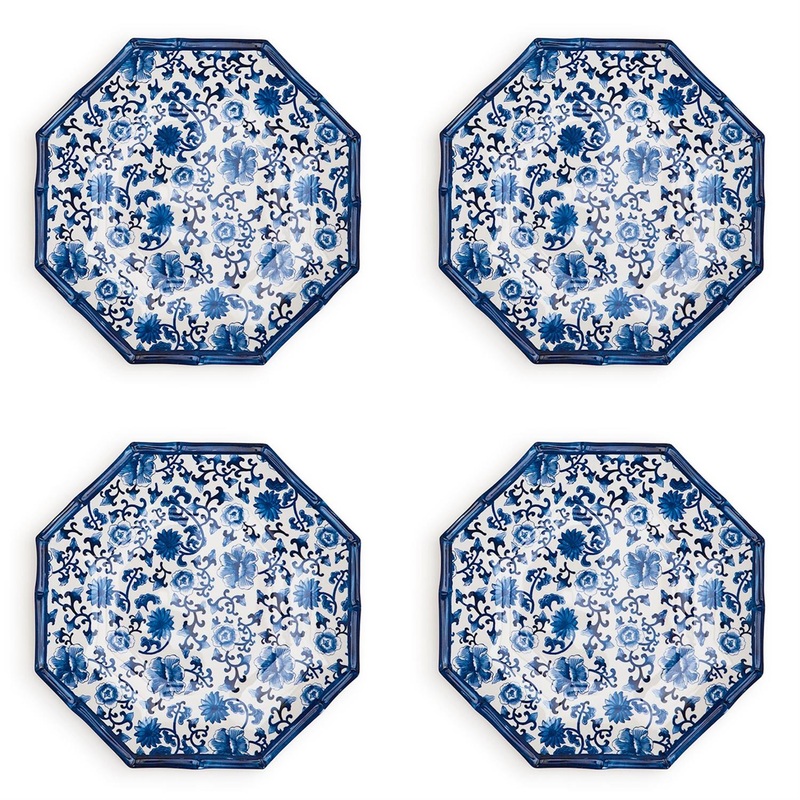 Two’s Chinoiserie Touch Set Of 4 Octagonal Salad/Dessert Plate w/ Bamboo Rim.