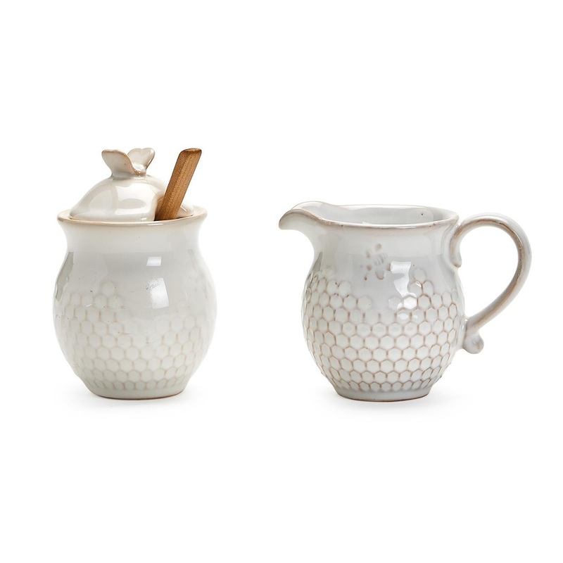 Two’s Company Bee Honeycomb Sugar And Creamer Set With Wooden Spoon.