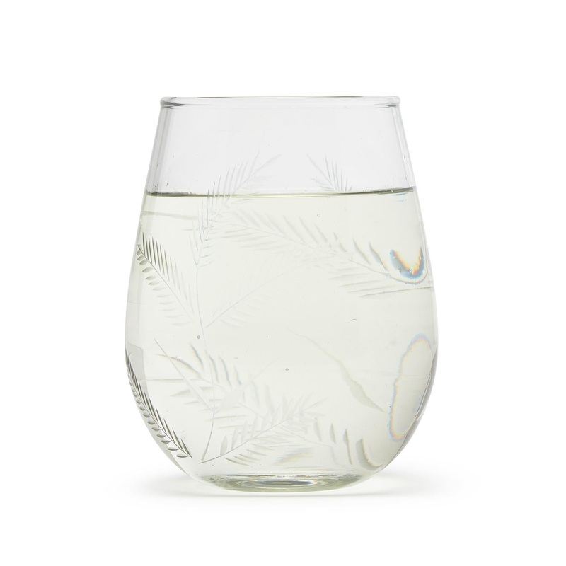 Two’s Company Fern Set Of 4 Hand-Blown Stemless Wine Glass With Etched Design