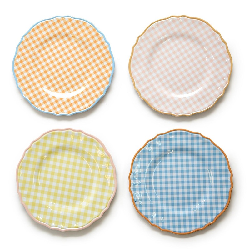 Two’s Company Gingham Garden Set of 4 Melamine Dinner Plates Includes 4 Colors