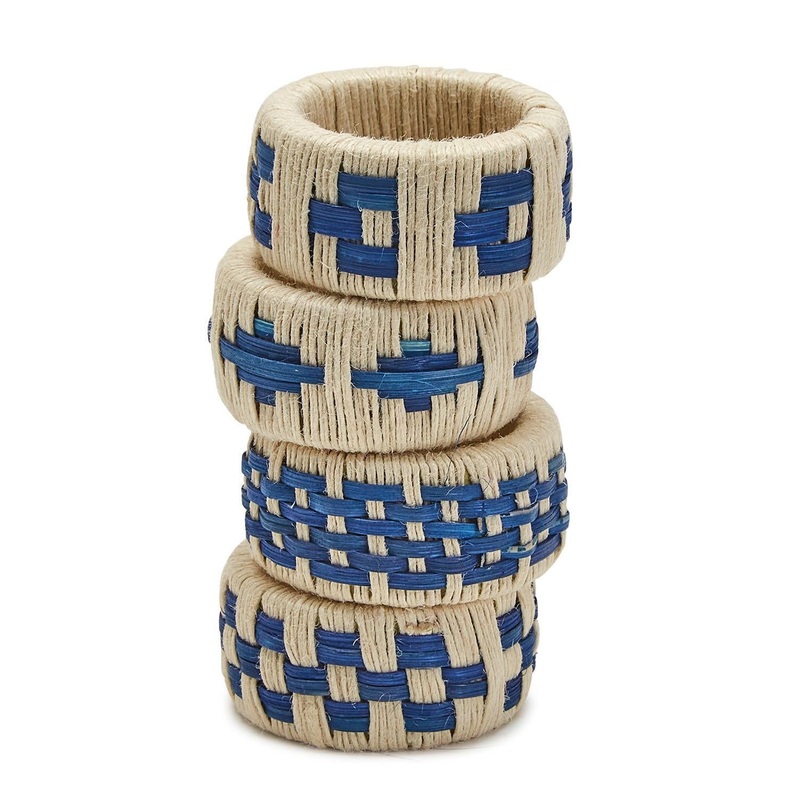 Two’s Company Ivory And Navy Set Of 4 Napkin Rings – Jute/Plastic/Cane