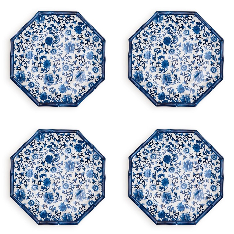 Two’s Company Set Of 4 Chinoiserie Touch Octagonal Dinner Plate With Bamboo Rim.