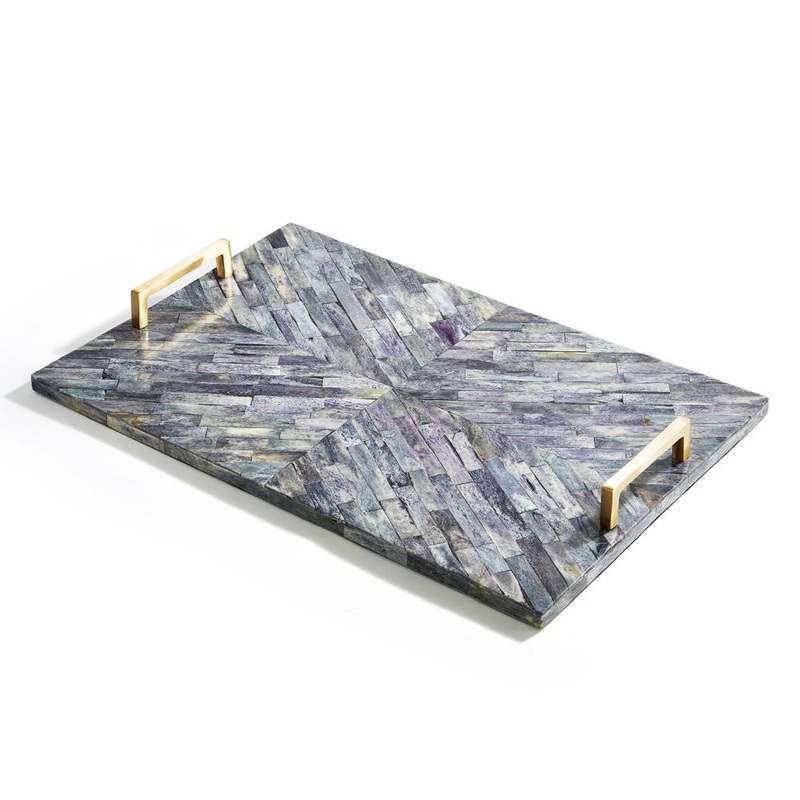 Two’s Company Tozai  Greystone Mosaic Tile Decorative Tray with Brass Handles