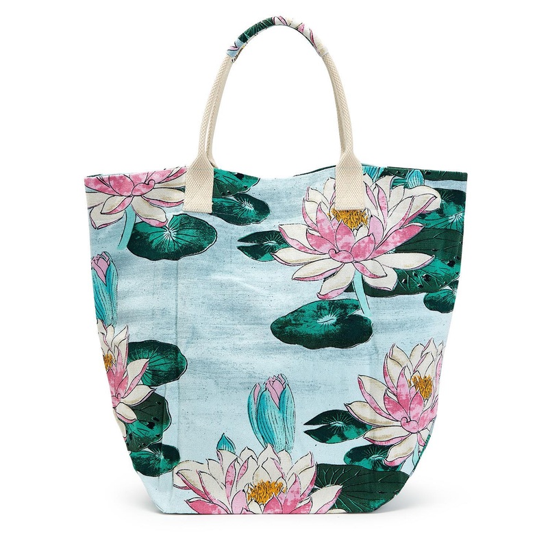 Two’s Company Water Lily Print Mint Market Tote Bag – Cotton Canvas