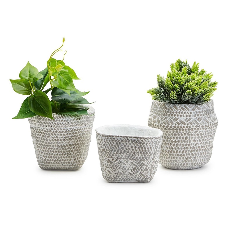 Two’s Company White Washed Set of 3 Basket Pattern Planter with Drainage Hole