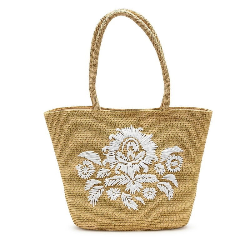 Two’s Company Woven Paper Tote Bag with Embroidered Floral Motif