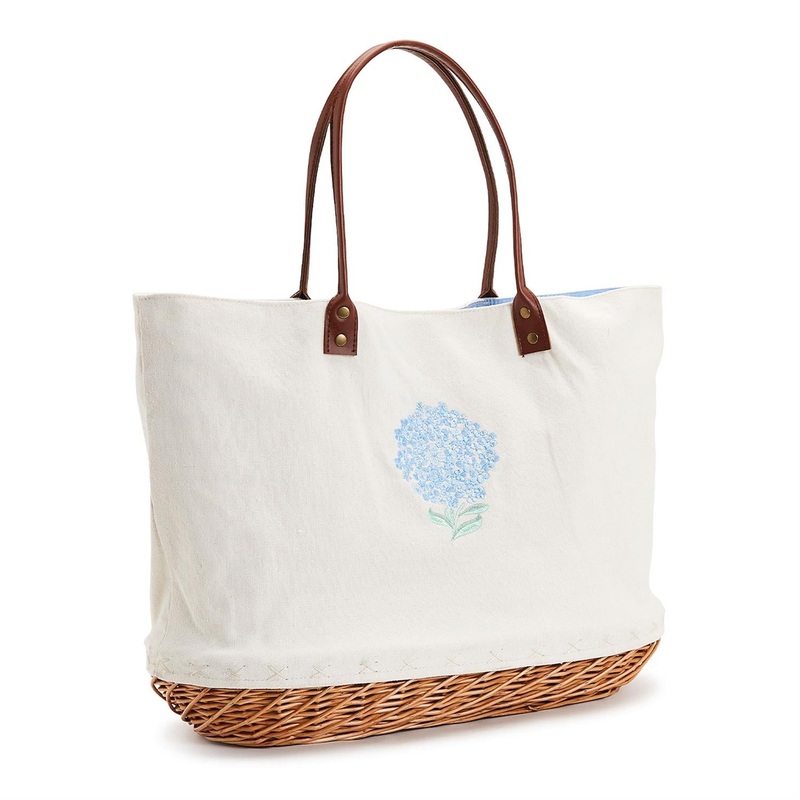Two’s Hydrangea Basket Tote Bag With Embroidered Flower & Magnetic Snap Closure.