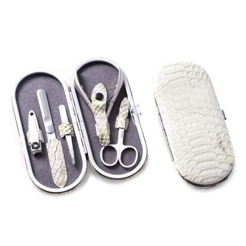 5 Piece Manicure Set In White Snake Pattern Leather Case