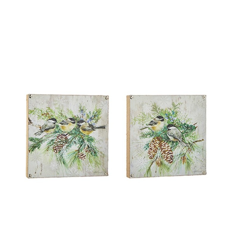 Raz Imports 2022 Winter Cottage 10 Chickadees Block Wall Art, Asst Of 2