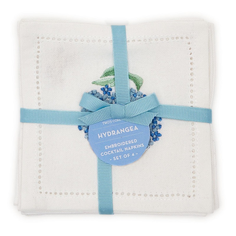 Two’s Hydrangea Set Of 6 Hemstitch Cocktail Napkins w/ Hand Embroidered Details.