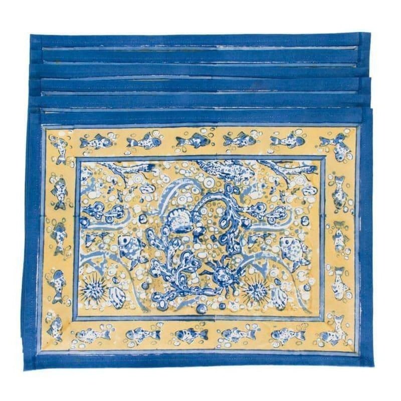 Couleur Nature La Mer Blue/Yellow Placemats 15X18 – Set Of 6