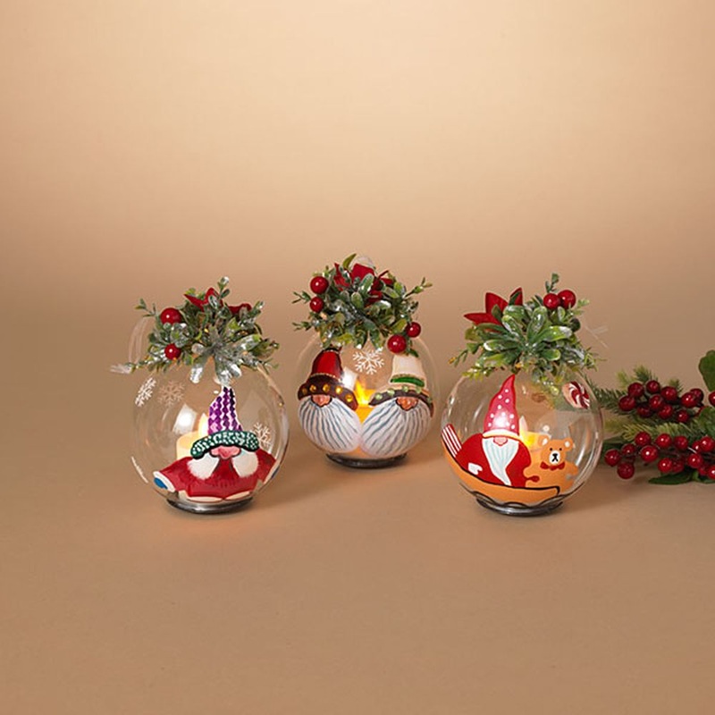 Gerson Company Set of 3 6.5 B/O Lighted Gnome Glass Ornaments W/ Floral Accent