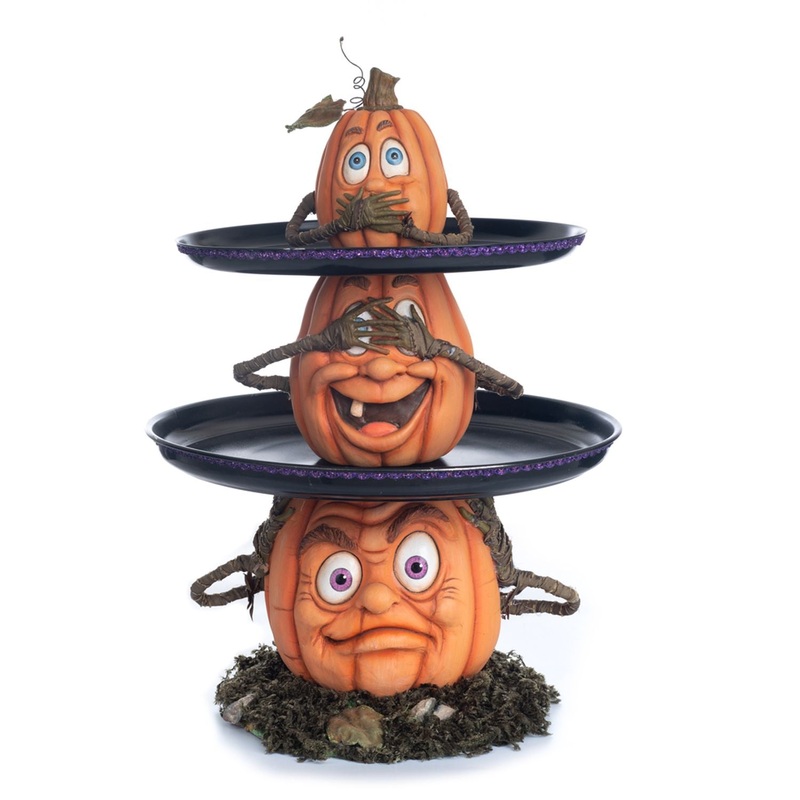 Katherine’s Collection 21.5 Inch Three Wise Pumpkins Tiered Tray, Orange/Black Resin