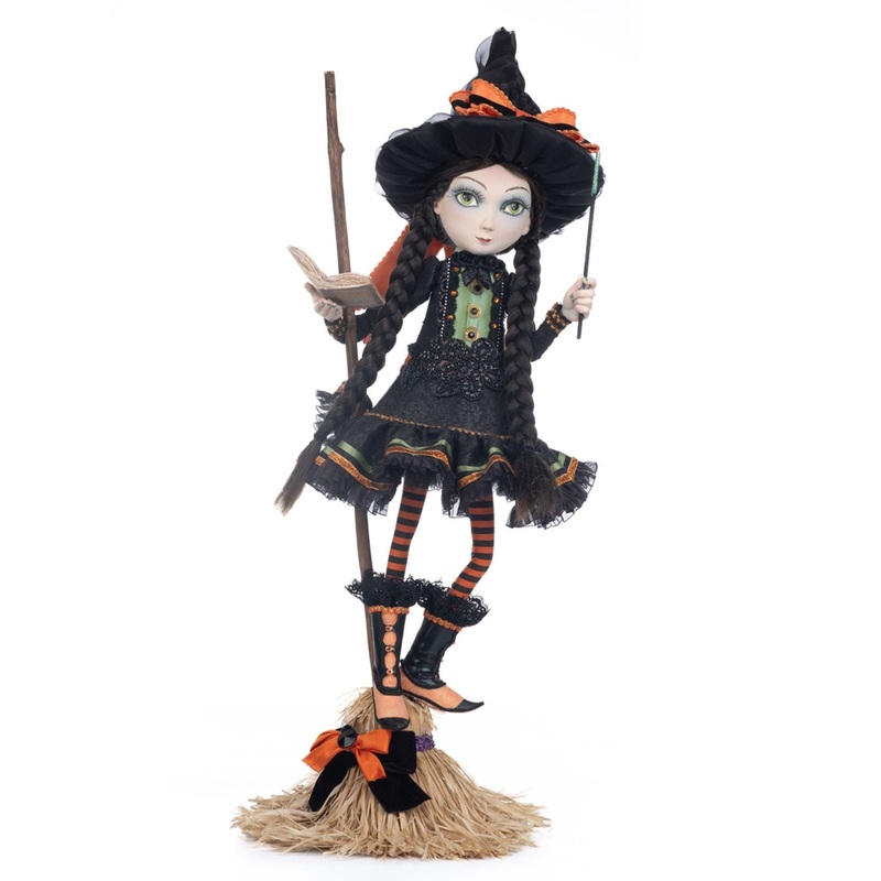 Katherine’s Collection 29 Inch Hilary Blackroot On Broom, Orange/Black Witch Resin