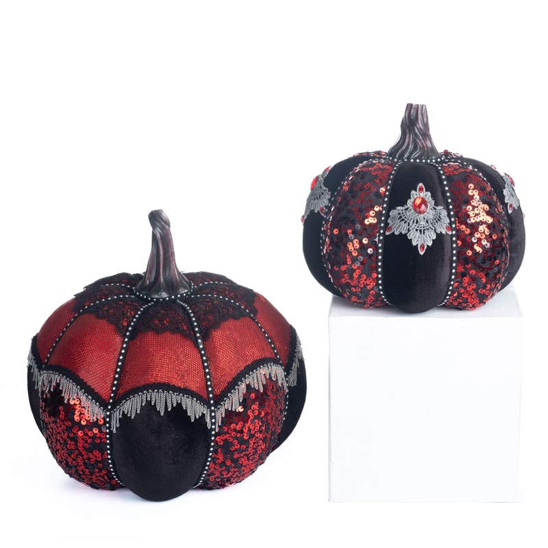 Katherine’s Collection Eternal Devotion Pumpkins Set Of 2, 10 Inch, Red/Black Polyester