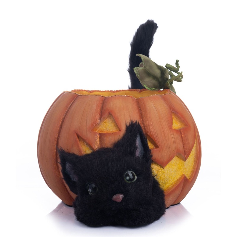 Katherine’s Collection Halloween Hollow Cat In The Candy Bowl, Orange/Black Resin