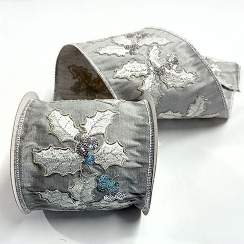 Regency International 4 x 5Y Raised Glitter Embroidered/Sequin Holly Ribbon