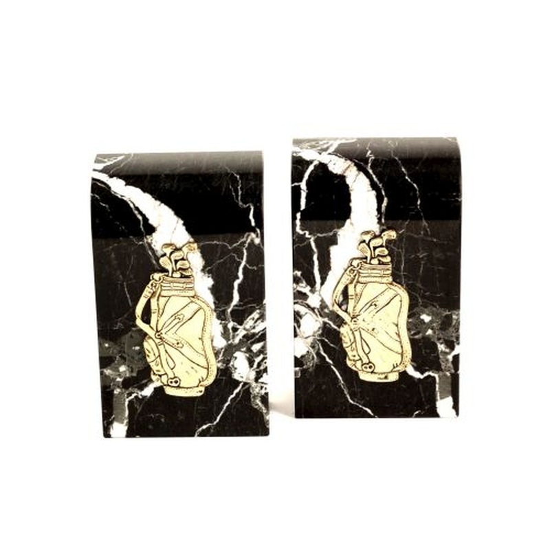 Bey Berk Black Zebra Marble Golf Bookends, Gold Emblem