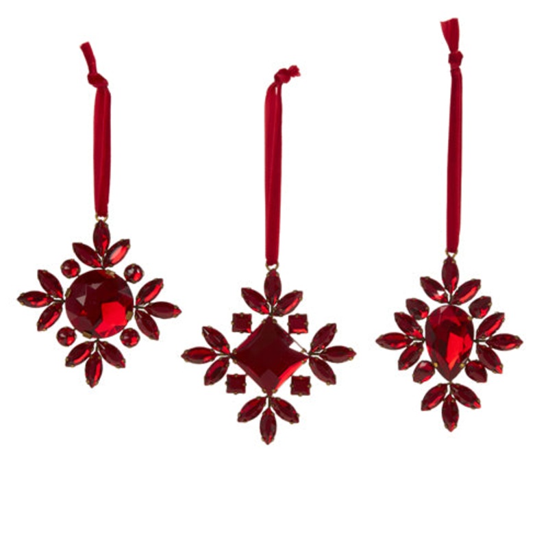 Raz Imports 2023 Holiday Cheers 3.5 Red Jeweled Snowflake Ornament, Asst of 3