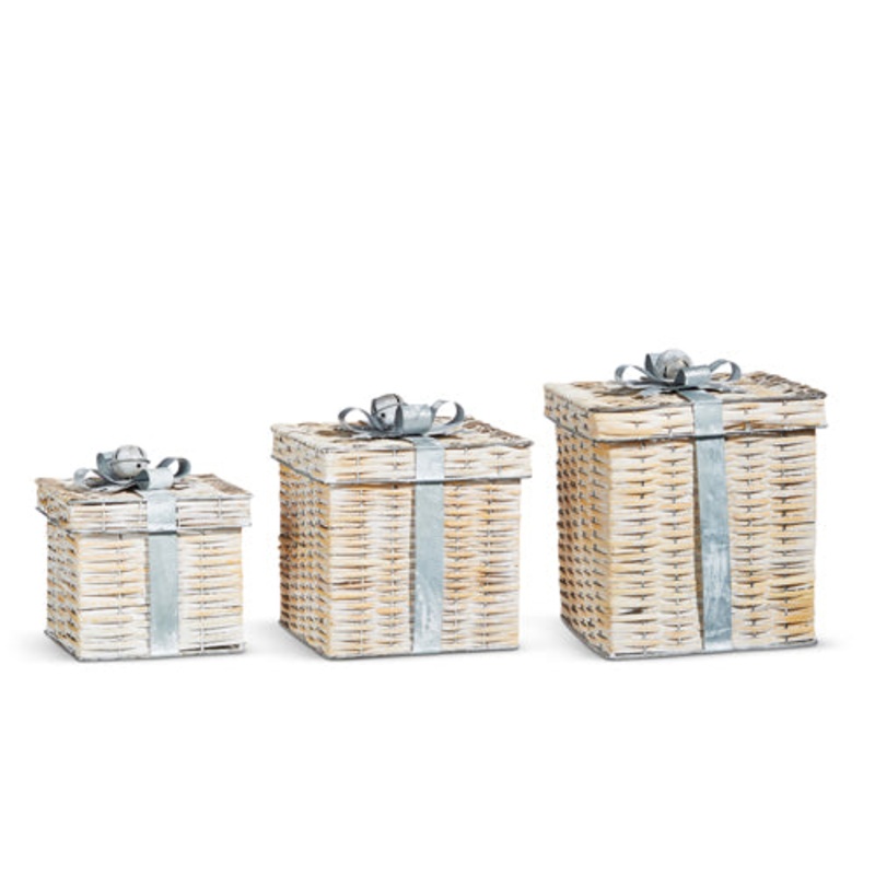 Raz Imports 2023 Natural Noel 9.5 Woven Presents With Metal Bow, Set of 3