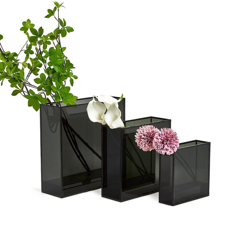 Smoke Windows Set of 3 Square Vase w/ Black Metal Trim in 3 Sizes – Glass/Metal