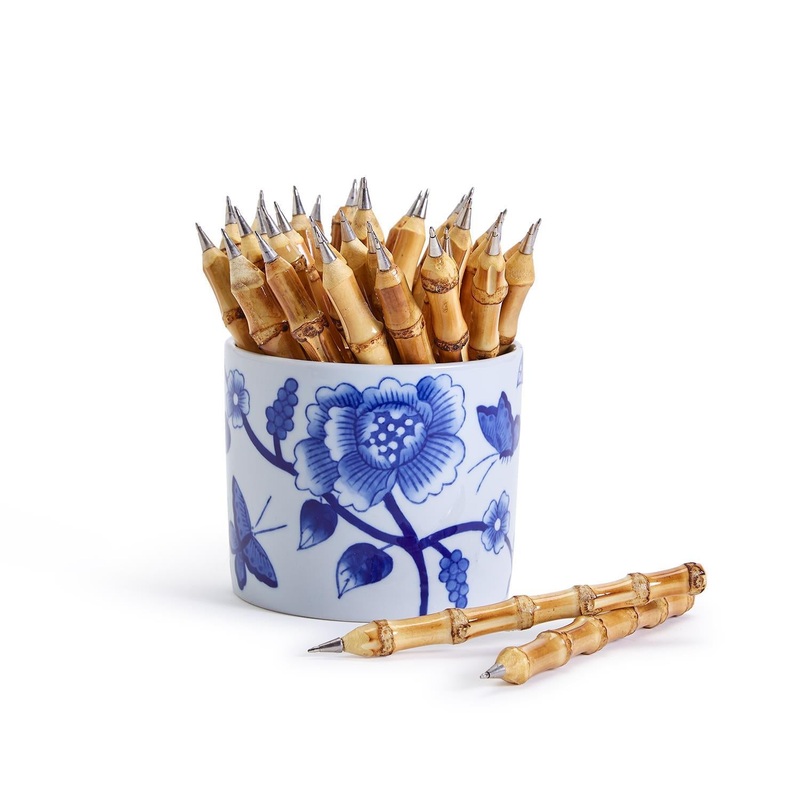 Two’s Company Natural Bamboo 36-Pieces Pen with Blue Floral Jar.