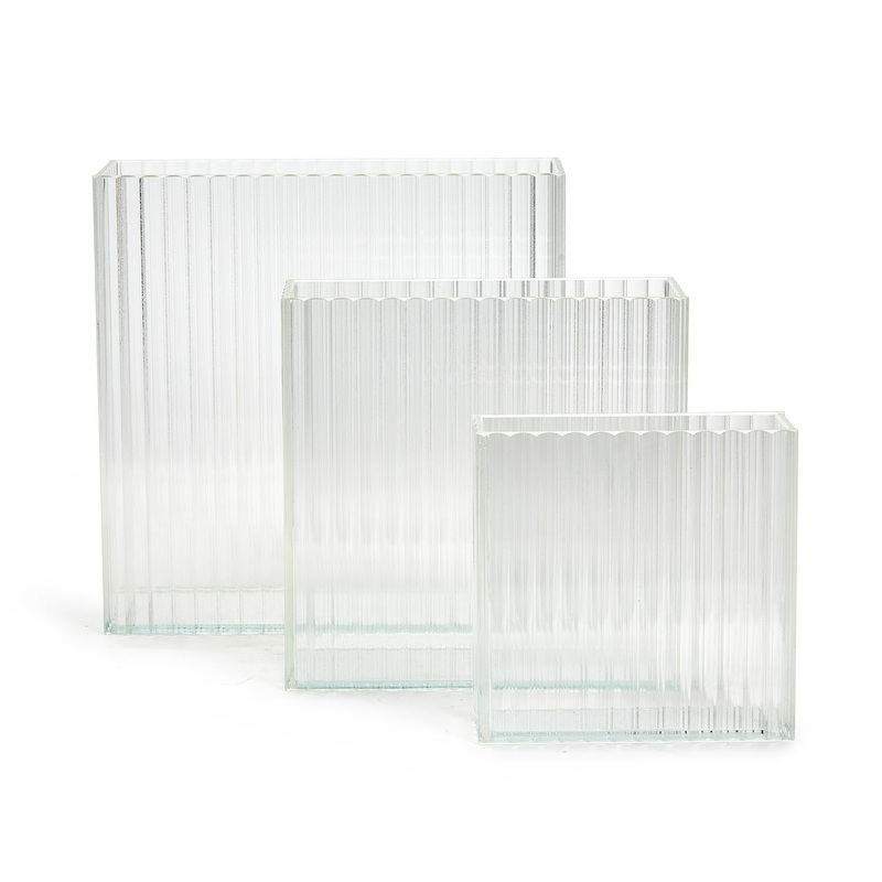 Two’s Company Ribbed Windows Set Of 3 Square Vase In 3 Sizes – Glass/Metal