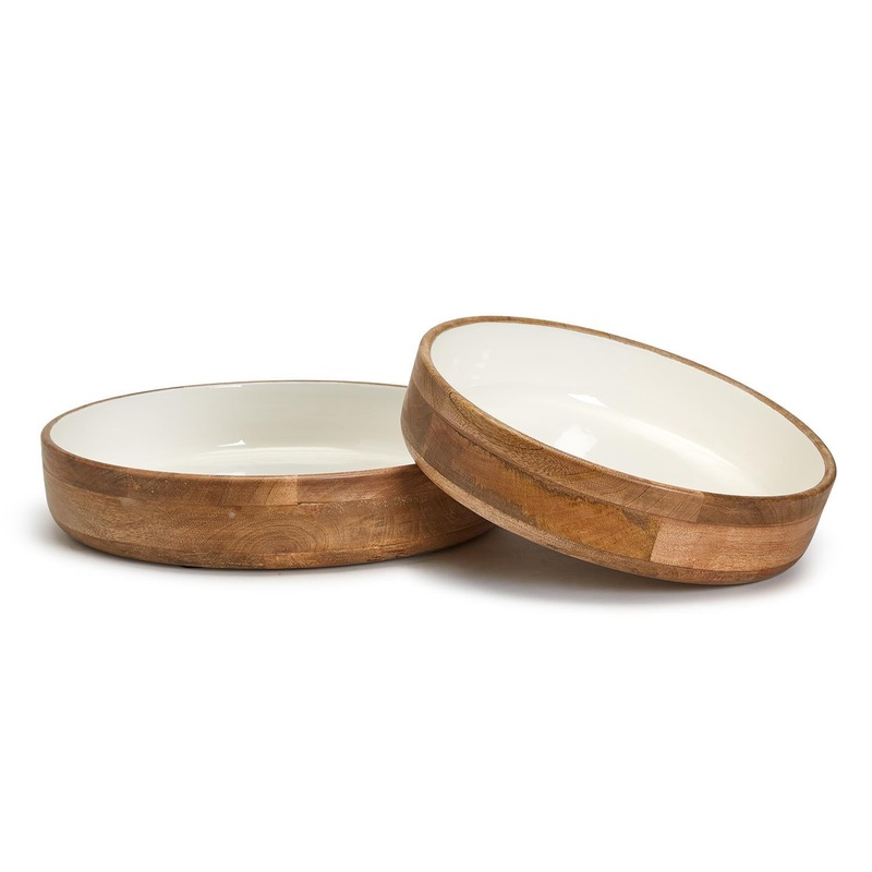 Two’s Set Of 2 Hand-Crafted Wood Round Pedestal Bowls with Inside White Enamel