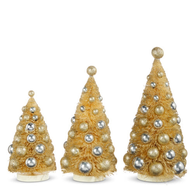 2023 Bon Noel 13 Champagne Dusted Bottle Brush Trees With Ornaments, Set of 3