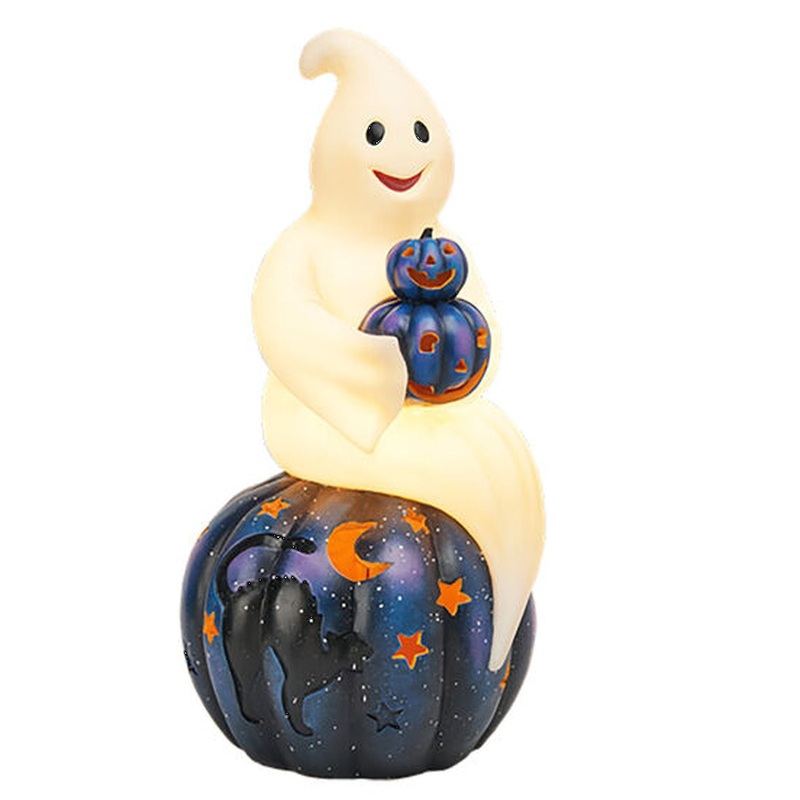 December Diamonds Halloween Carnival 26 Led Ghost Sitting On Pumpkin Figurine