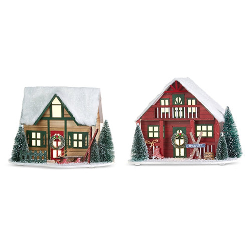 Raz 2023 Dashing Through The Snow 10.25 Lighted Paper Ski Lodge, Asst of 2