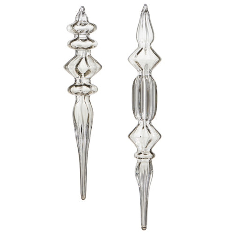 Raz 2023 Winter Frost 10.75 Smoke Grey Blown Glass Finial Ornament, Asst of 2