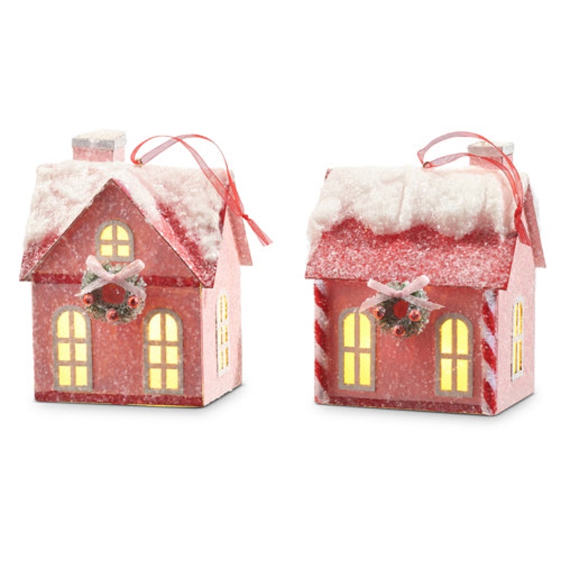 Raz Imports 2023 Jingle & Cocoa 5 Lighted Pink House Ornament, Asst of 2