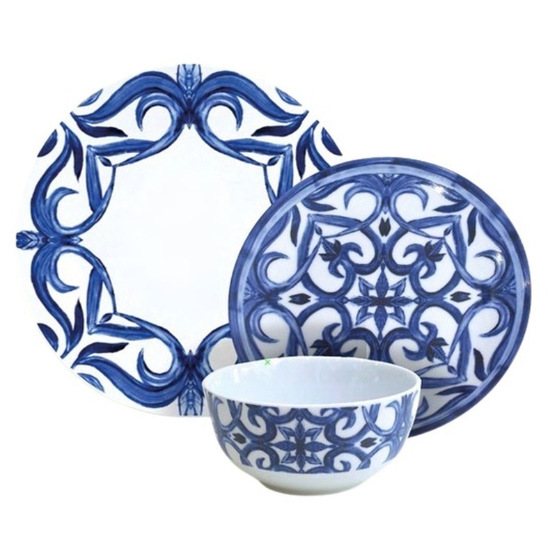 Gusto Buono Amalfi Porcelain 12-Piece Set, Designed in Italy, 4 Cereal Bowls (5.5), 4 Salad Plates (7.5), and 4 Dinner Plates (10.5), Blue