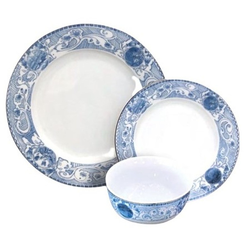 Gusto Buono Lavish Porcelain 12-Piece Set, Designed in Italy, 4 Cereal Bowls (5.5), 4 Salad Plates (7.5), and 4 Dinner Plates (10.5), Blue