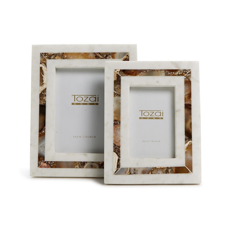 Two’s Company Amber Agate Set Of 2 Inlay White Marble Photo Frame In Gift Box in 2 Sizes: 4 X 6 & 5 X 7