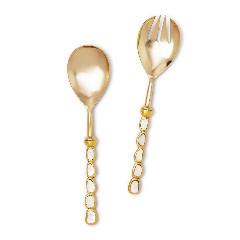 Two’s Company Keshi Mother of Pearl Set of 2 Servers in Gift Box – Stainless Steel/Brass/MOP